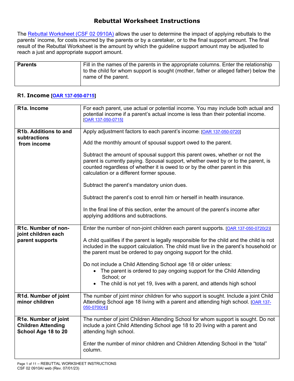 Instructions for Form CFS02 0910A Child Support Rebuttal Worksheet - Oregon, Page 1