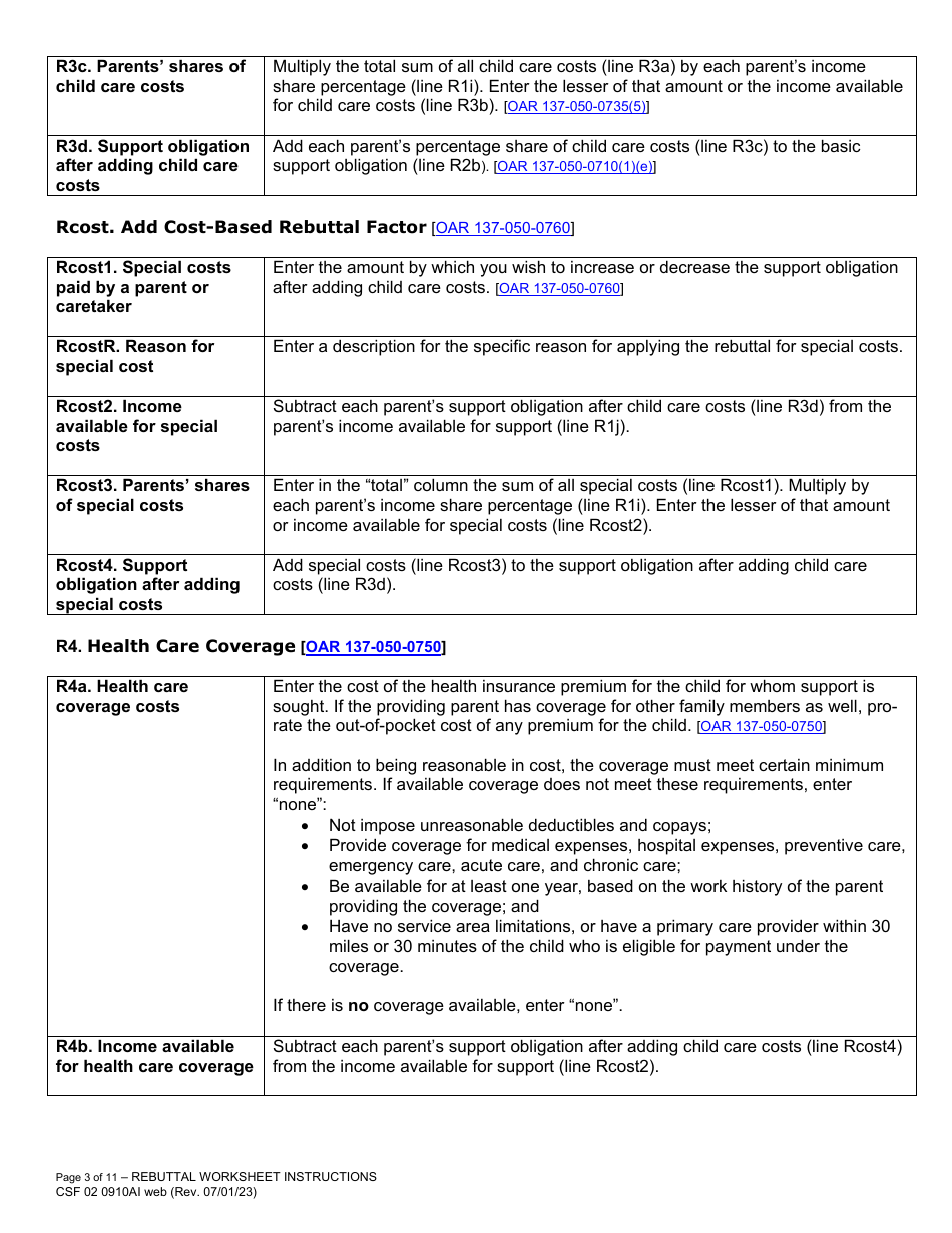 Instructions for Form CFS02 0910A Child Support Rebuttal Worksheet - Oregon, Page 3