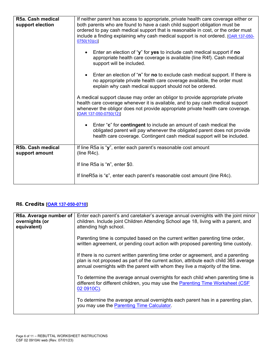Instructions for Form CFS02 0910A Child Support Rebuttal Worksheet - Oregon, Page 6