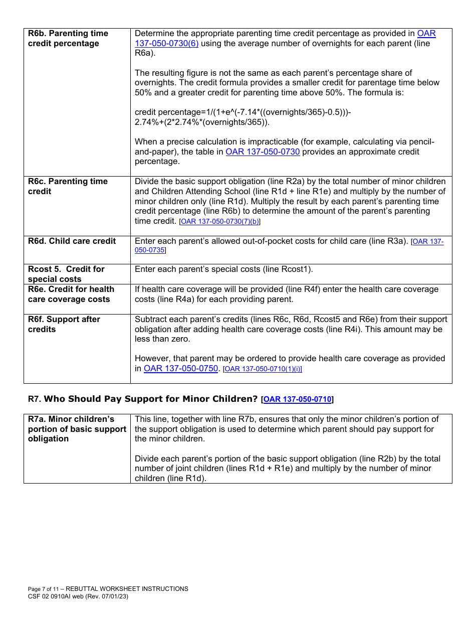 Instructions for Form CFS02 0910A Child Support Rebuttal Worksheet - Oregon, Page 7