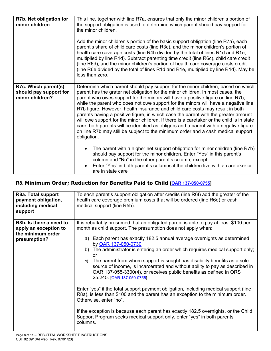 Instructions for Form CFS02 0910A Child Support Rebuttal Worksheet - Oregon, Page 8