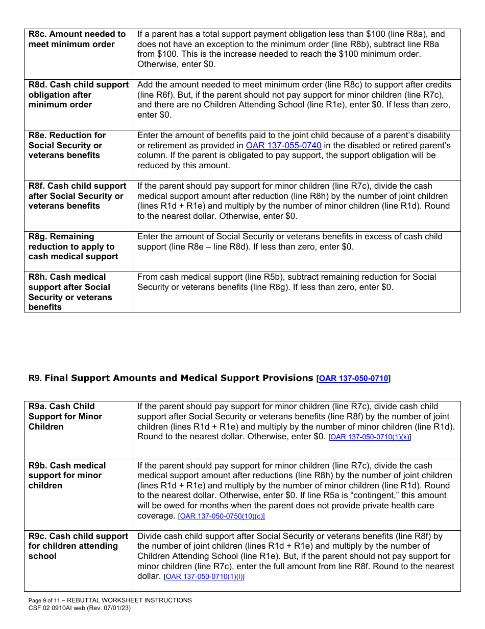 Instructions for Form CFS02 0910A Child Support Rebuttal Worksheet - Oregon, Page 9