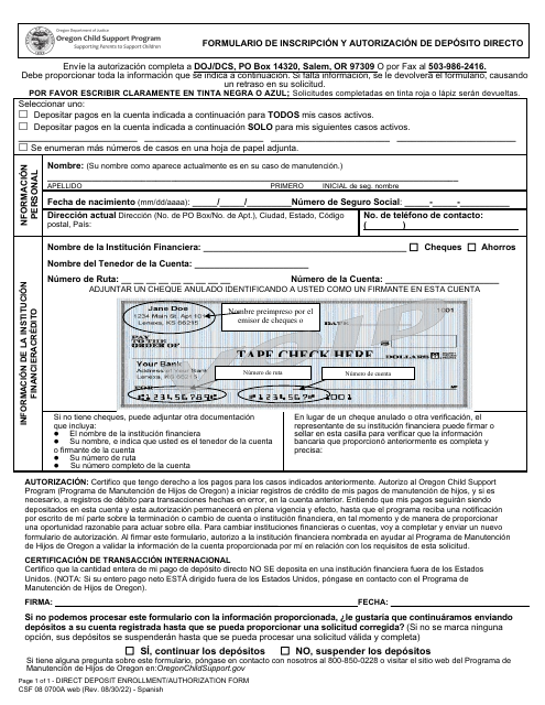Formulario CSF08 0700A Formulario De Inscripcion Y Autorizacion De Deposito Directo - Oregon (Spanish)