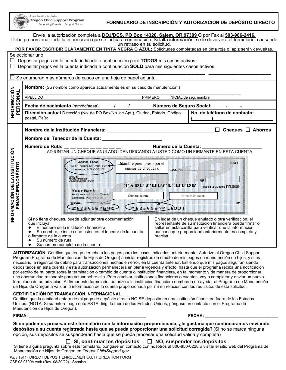 Formulario CSF08 0700A Formulario De Inscripcion Y Autorizacion De Deposito Directo - Oregon (Spanish), Page 1