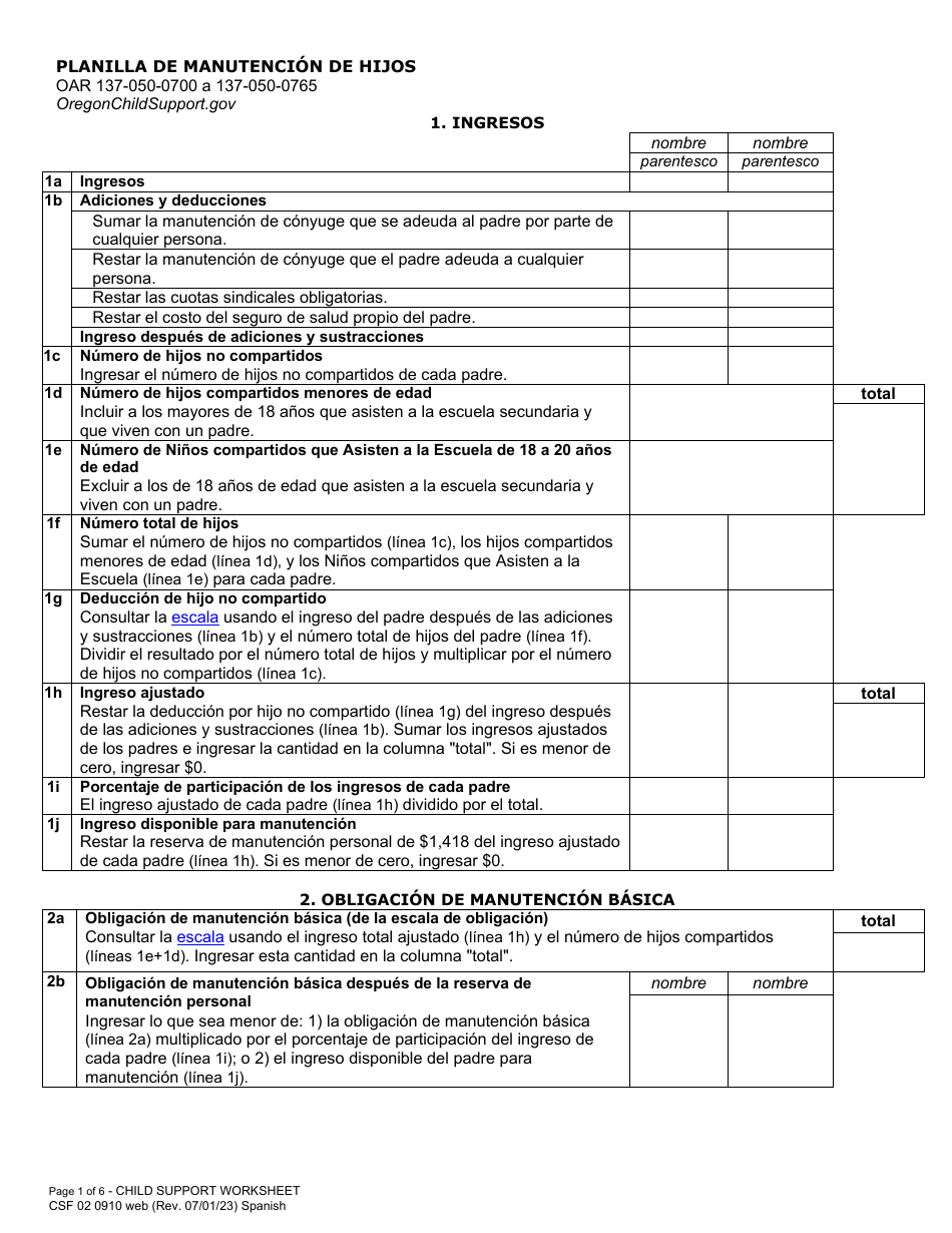 Formulario CSF02 0910 Planilla De Manutencion De Hijos - Oregon (Spanish), Page 1