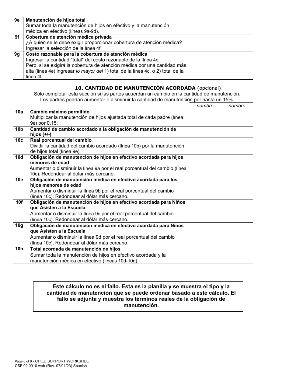 Formulario CSF02 0910 Planilla De Manutencion De Hijos - Oregon (Spanish), Page 6