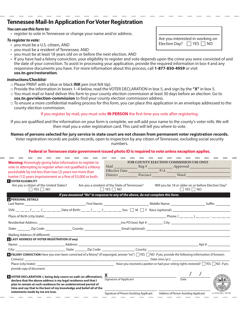 Form SS-3010 Tennessee Mail-In Application for Voter Registration - Tennessee, Page 1