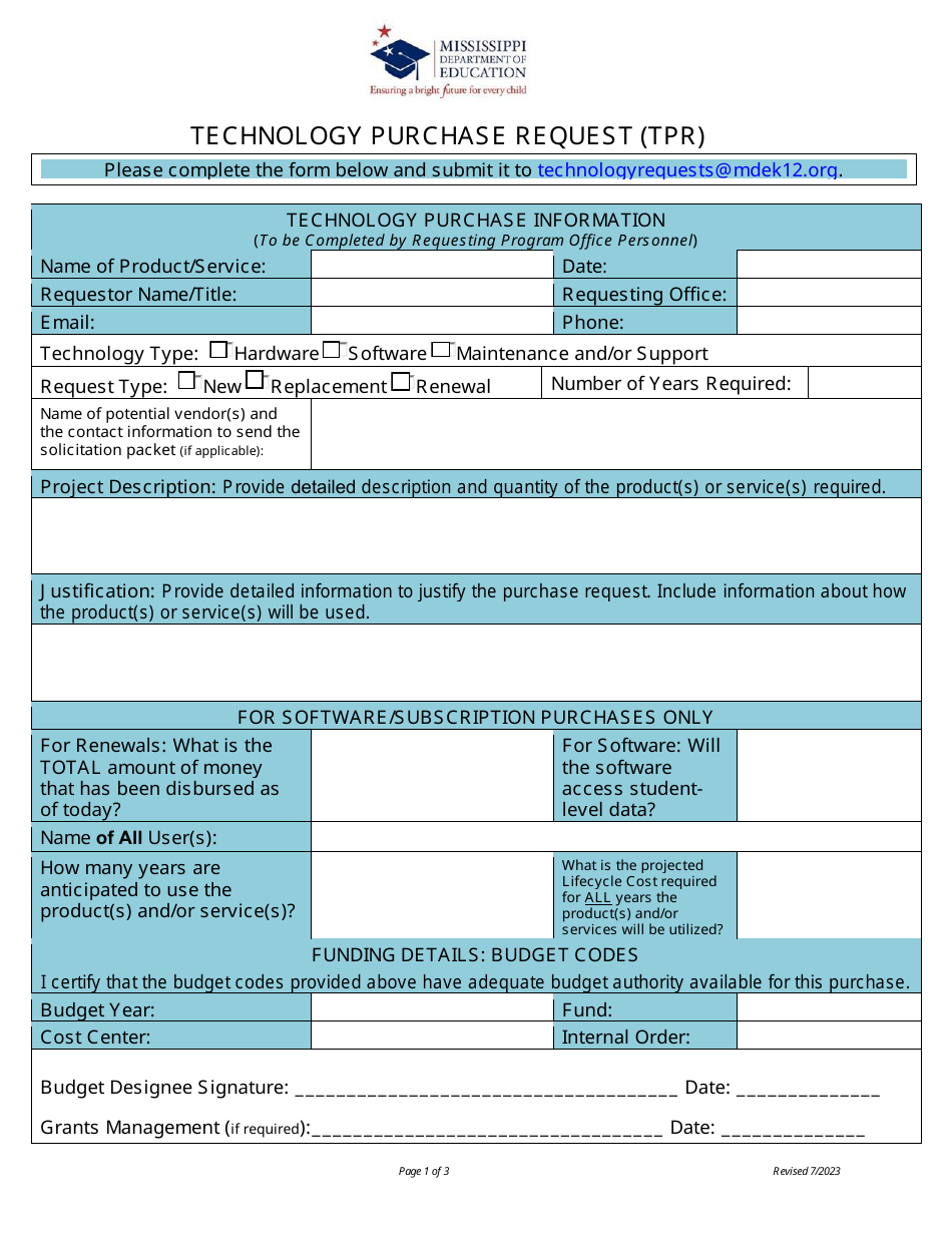 Technology Purchase Request (Tpr) - Mississippi, Page 1