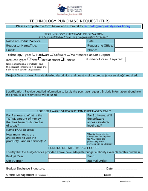 Technology Purchase Request (Tpr) - Mississippi Download Pdf