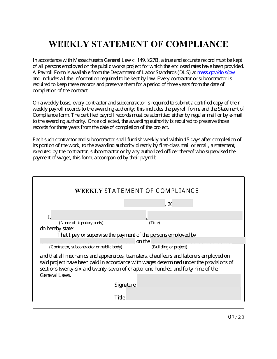 Weekly Statement of Compliance - Massachusetts, Page 1