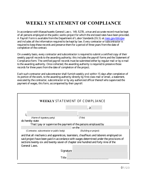 Weekly Statement of Compliance - Massachusetts Download Pdf