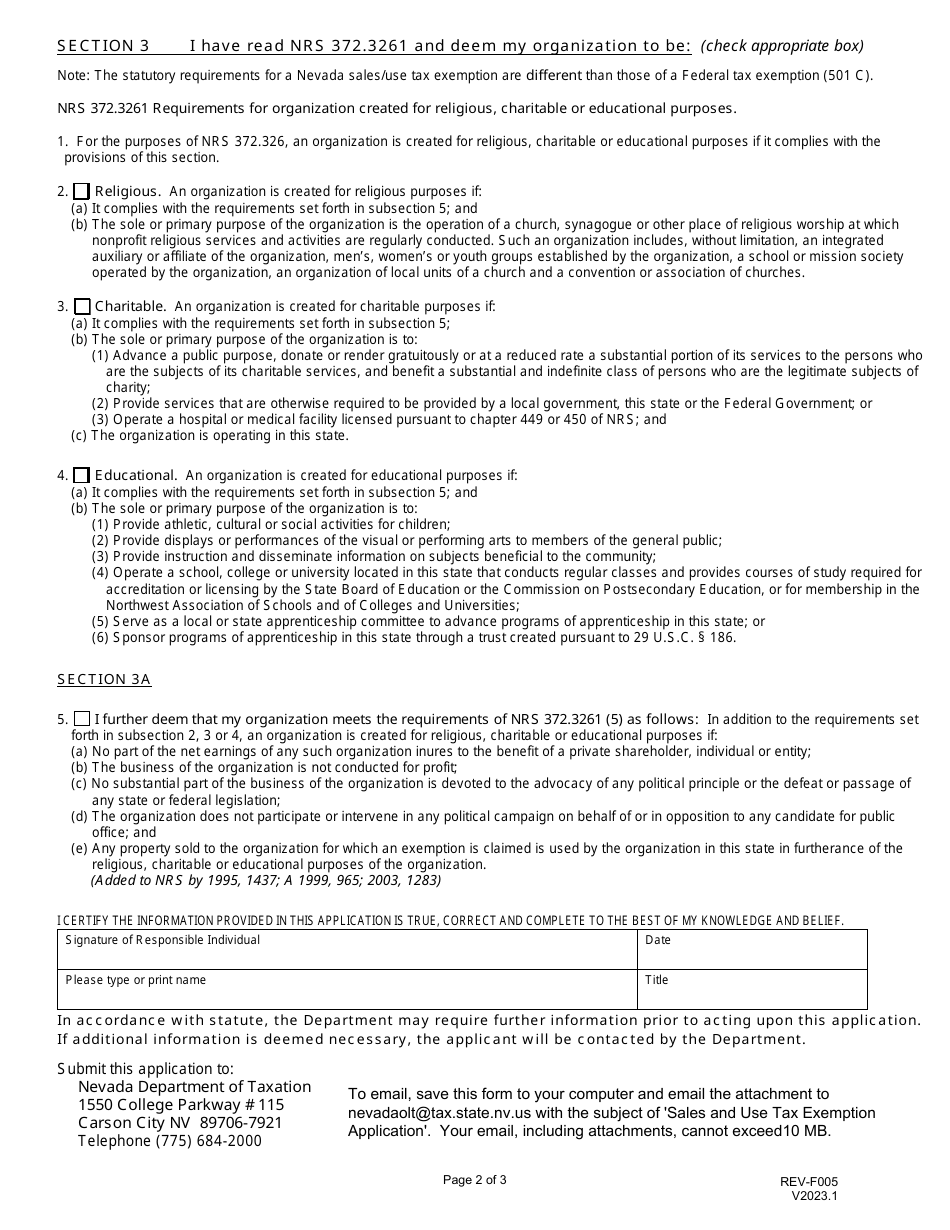 Form REV-F005 Application for Sales / Use Tax Exemption for Religious / Charitable / Educational Organizations - Nevada, Page 2