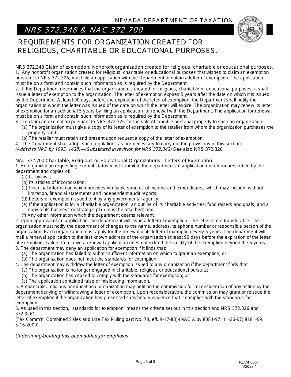 Form REV-F005 Application for Sales / Use Tax Exemption for Religious / Charitable / Educational Organizations - Nevada, Page 3