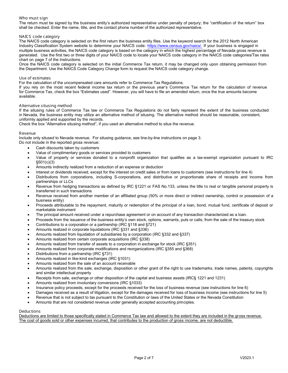 Instructions for Form EXC-F025 Nevada Commerce Tax Return - Nevada, Page 2