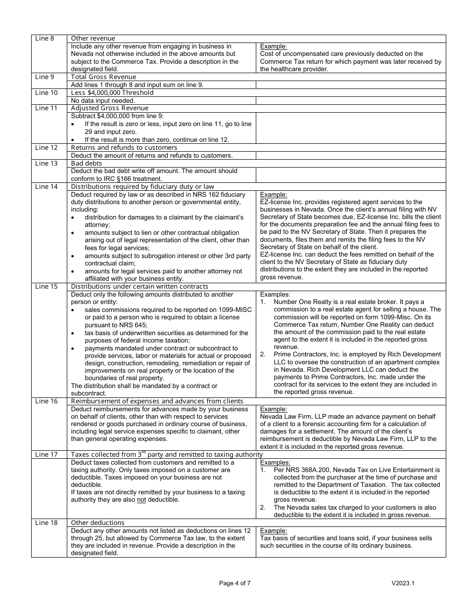Instructions for Form EXC-F025 Nevada Commerce Tax Return - Nevada, Page 4