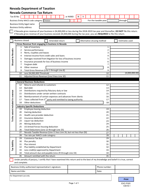 Form EXC-F025 Nevada Commerce Tax Return - Nevada