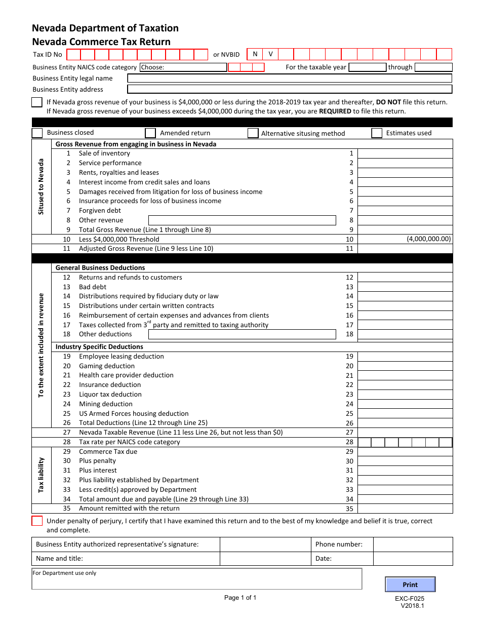 Form EXC-F025 Nevada Commerce Tax Return - Nevada, Page 1