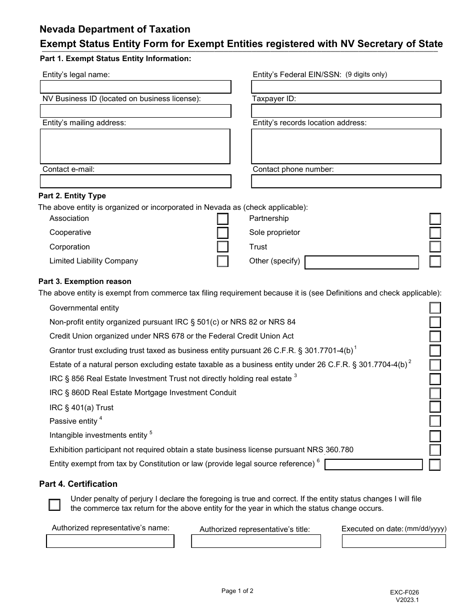 Form Exc F026 Fill Out Sign Online And Download Fillable Pdf Nevada Templateroller 1029