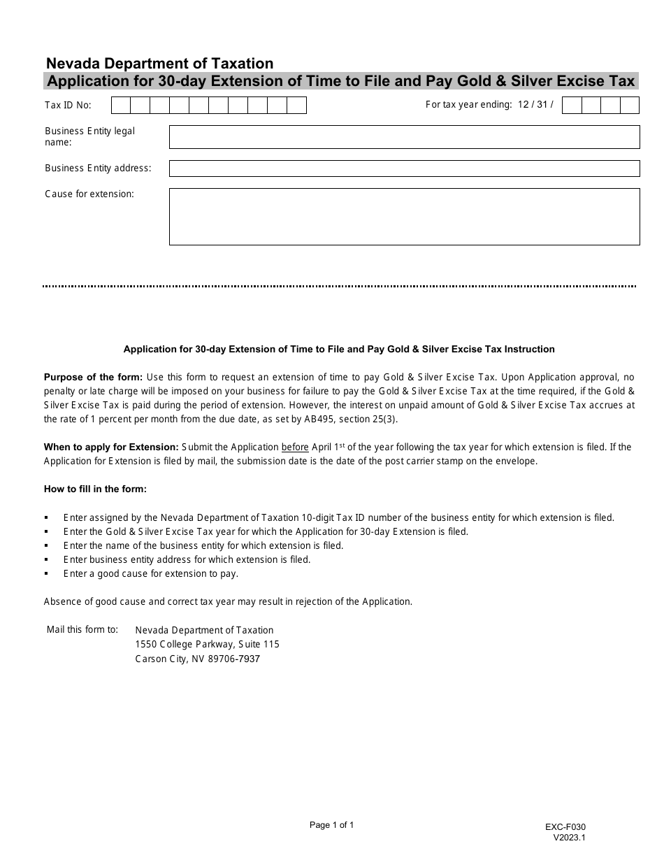Form EXC-F030 - Fill Out, Sign Online and Download Fillable PDF, Nevada ...