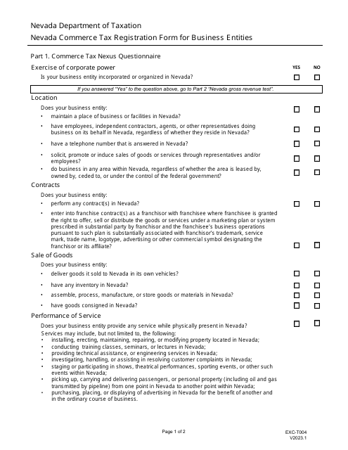 Form EXC-T004 Commerce Tax Nexus Questionnaire - Nevada