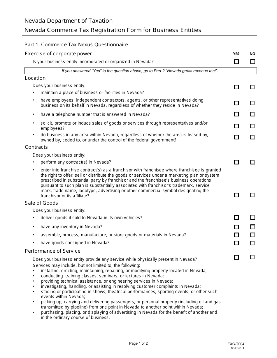 Form EXC-T004 Commerce Tax Nexus Questionnaire - Nevada, Page 1