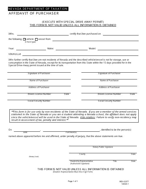 Form REV-C077 Affidavit of Purchaser for Drive Away Permits - Nevada