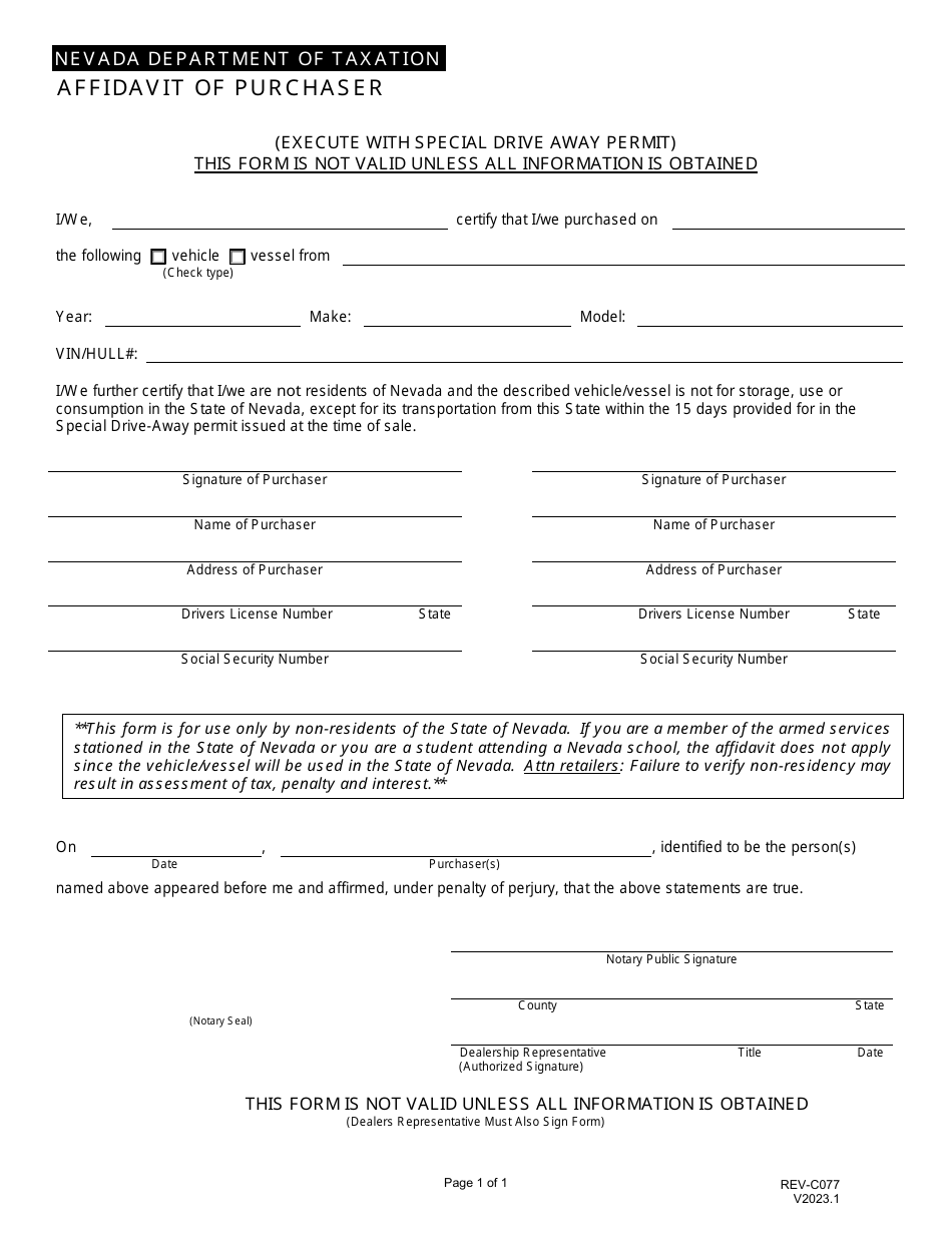 Form REV-C077 Affidavit of Purchaser for Drive Away Permits - Nevada, Page 1