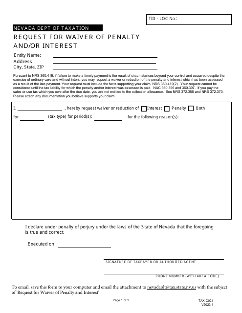 Form TAX-C021 Request for Waiver of Penalty and/or Interest - Nevada