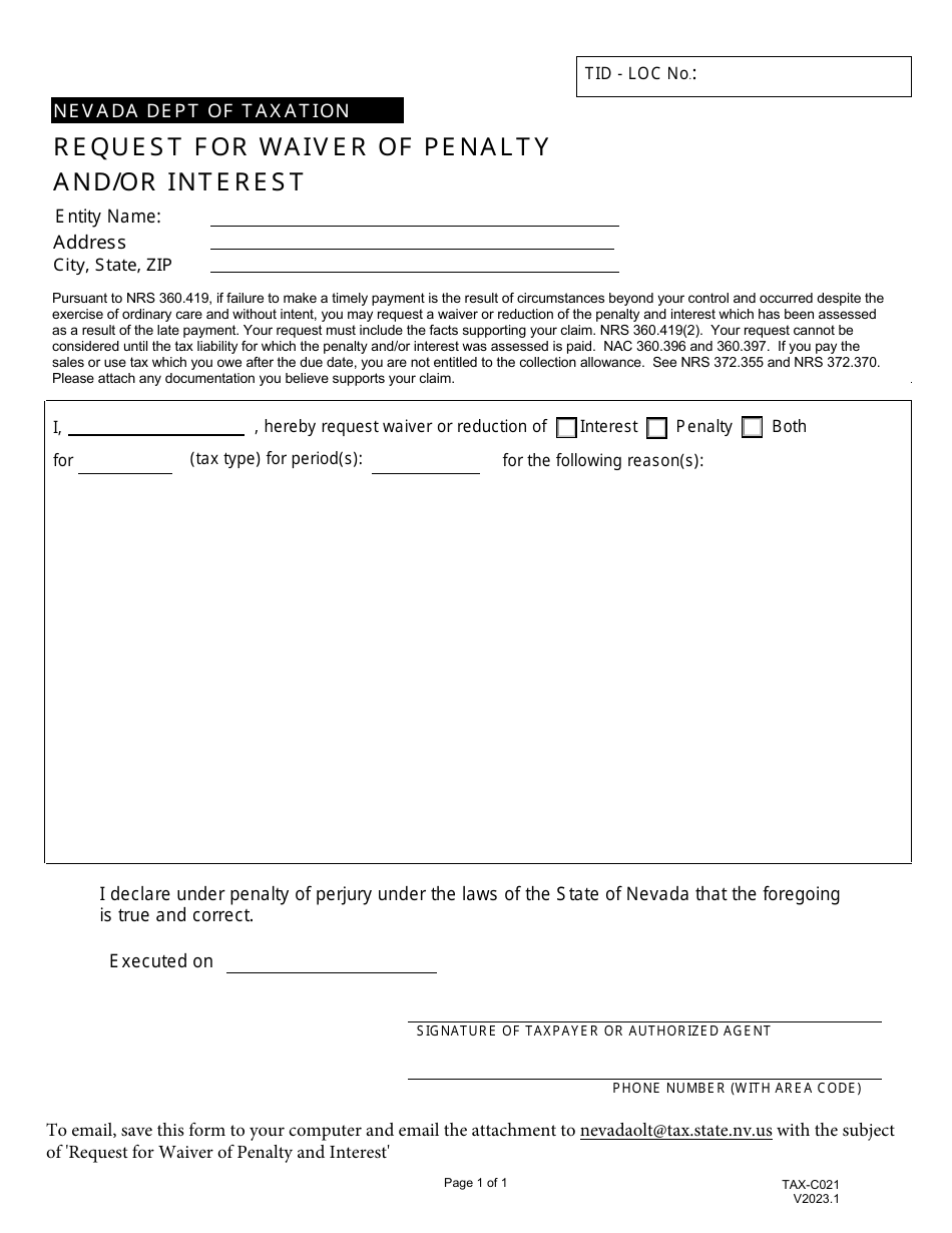 Form TAX-C021 Request for Waiver of Penalty and / or Interest - Nevada, Page 1