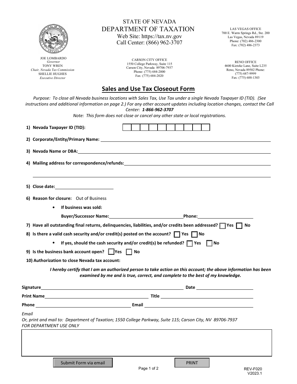 Form REV-F020 Sales and Use Tax Closeout Form - Nevada, Page 1