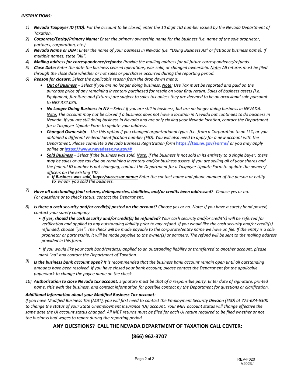 Form REV-F020 Sales and Use Tax Closeout Form - Nevada, Page 2