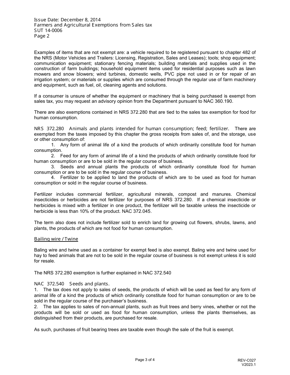 Form REV-C027 Affidavit of Purchaser of Farm Machinery and Equipment - Nevada, Page 3