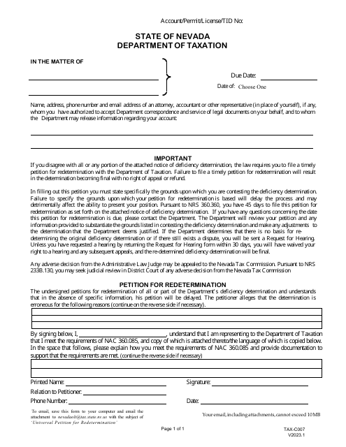 Form TAX-C007 Universal Petition for Redetermination - Nevada