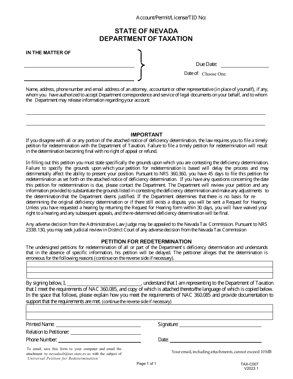 Form TAX-C007 Universal Petition for Redetermination - Nevada, Page 1