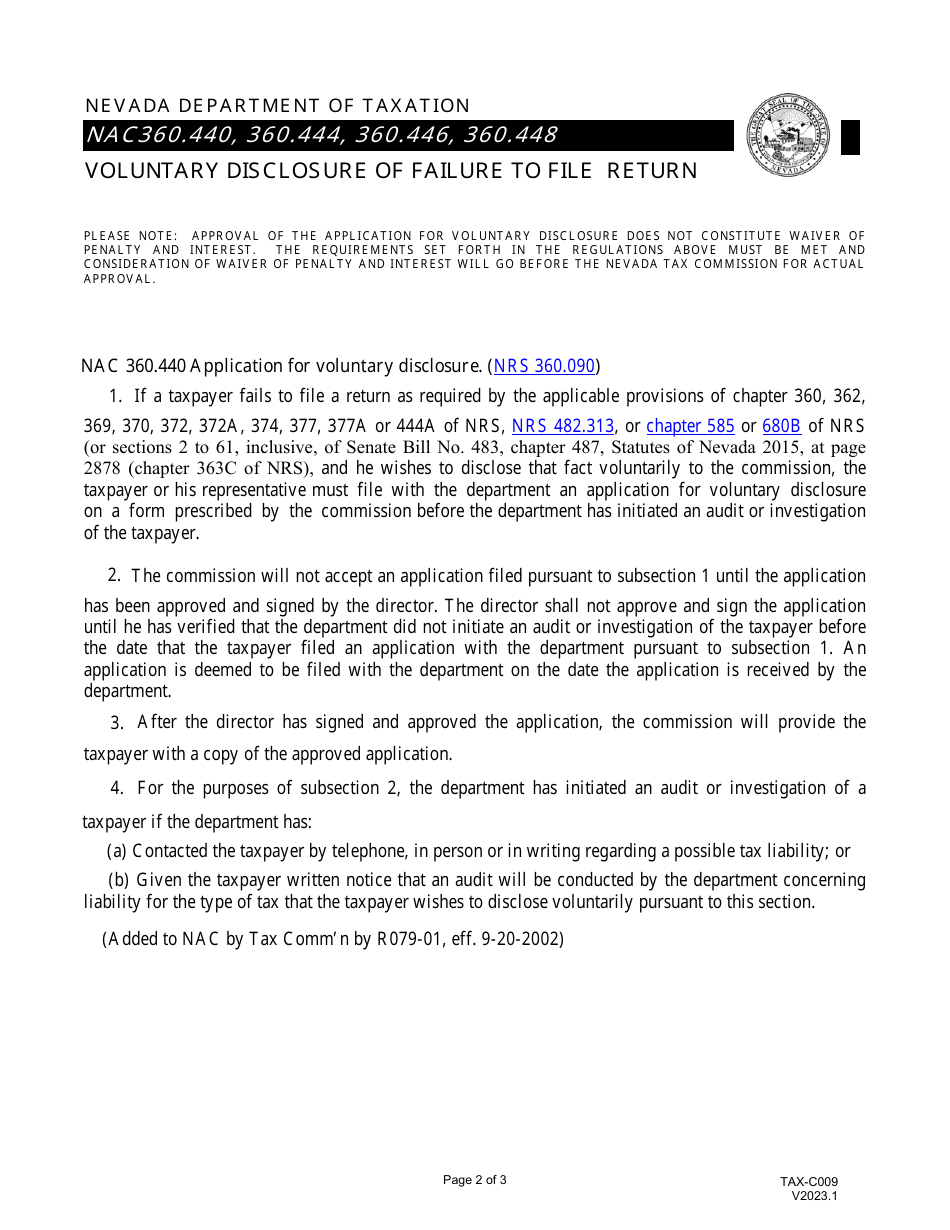 Form TAX-C009 Application for Voluntary Disclosure of Failure to File Return - Nevada, Page 2