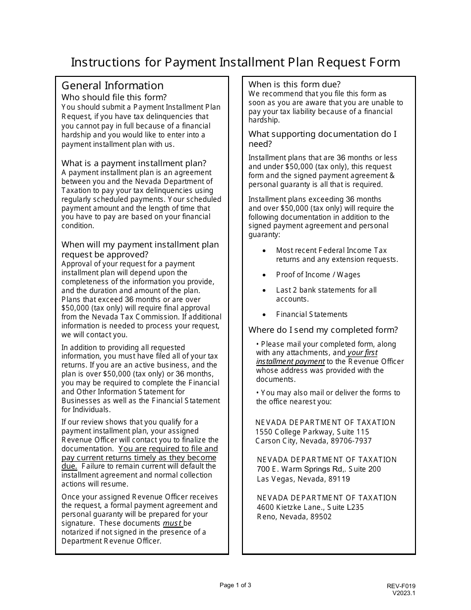 Form REV-F019 Payment Installment Plan Request - Nevada, Page 1