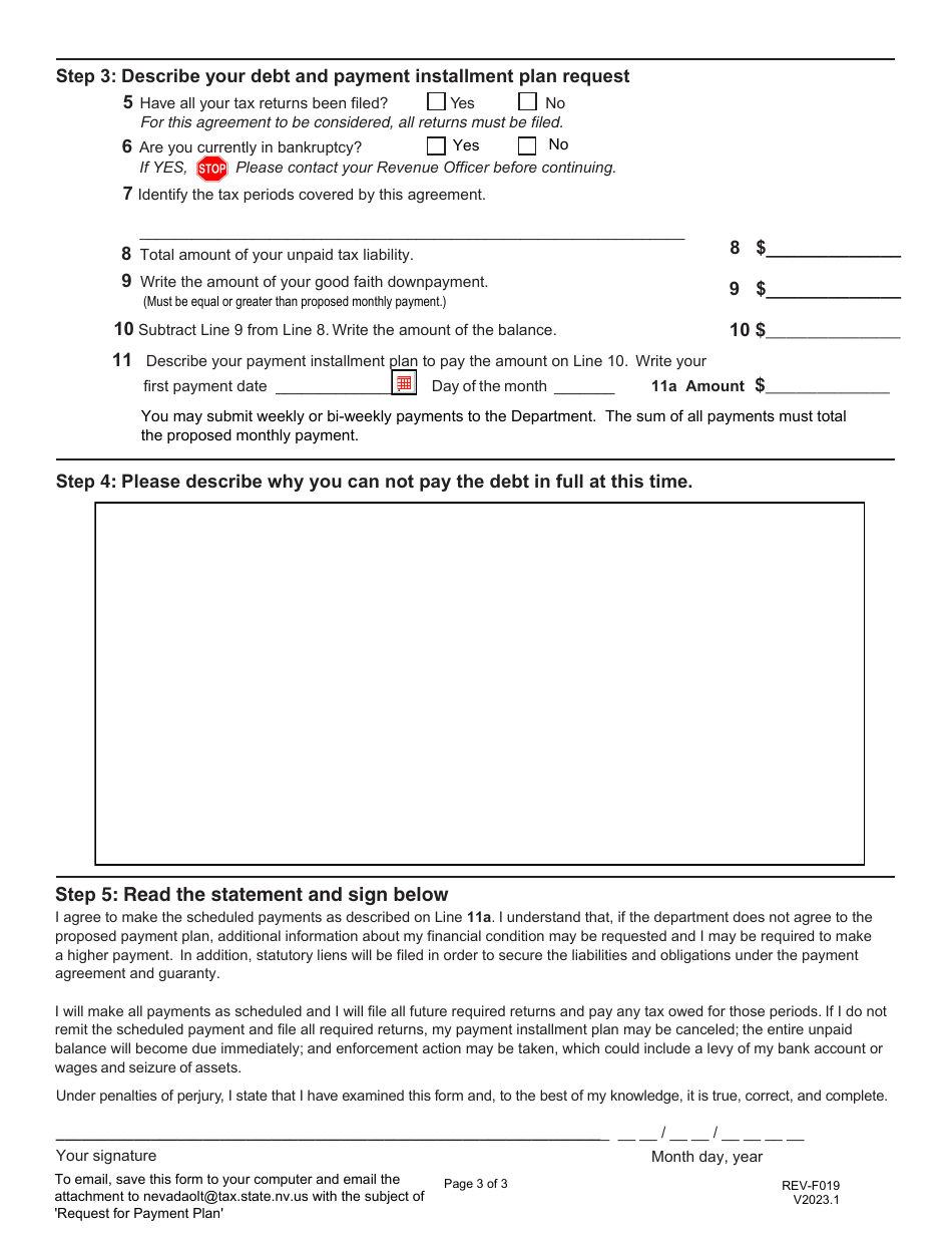 Form REV-F019 Payment Installment Plan Request - Nevada, Page 3