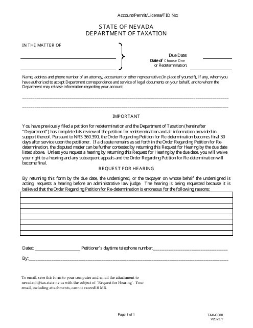 Form TAX-C008 Request for Hearing - Nevada
