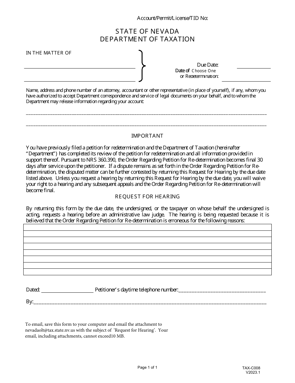 Form TAX-C008 Request for Hearing - Nevada, Page 1