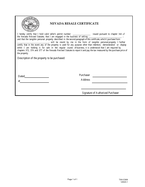 Form TAX-C006 Nevada Resale Certificate - Nevada