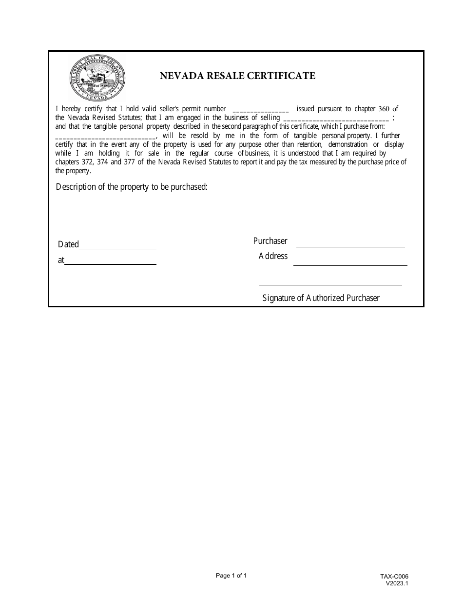 Form TAX-C006 Nevada Resale Certificate - Nevada, Page 1