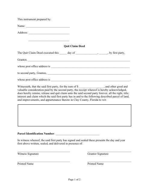 Quit Claim Deed - Clay County, Florida Download Pdf