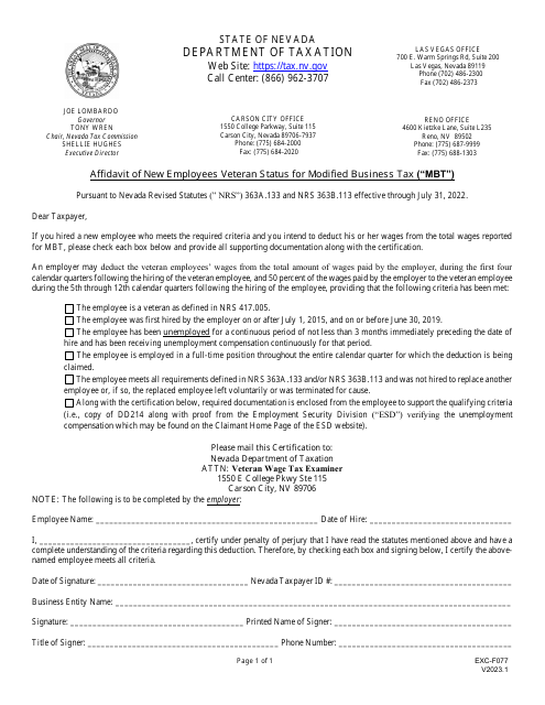 Form EXC-F077 Affidavit of New Employees Veteran Status for Modified Business Tax (Mbt) - Nevada