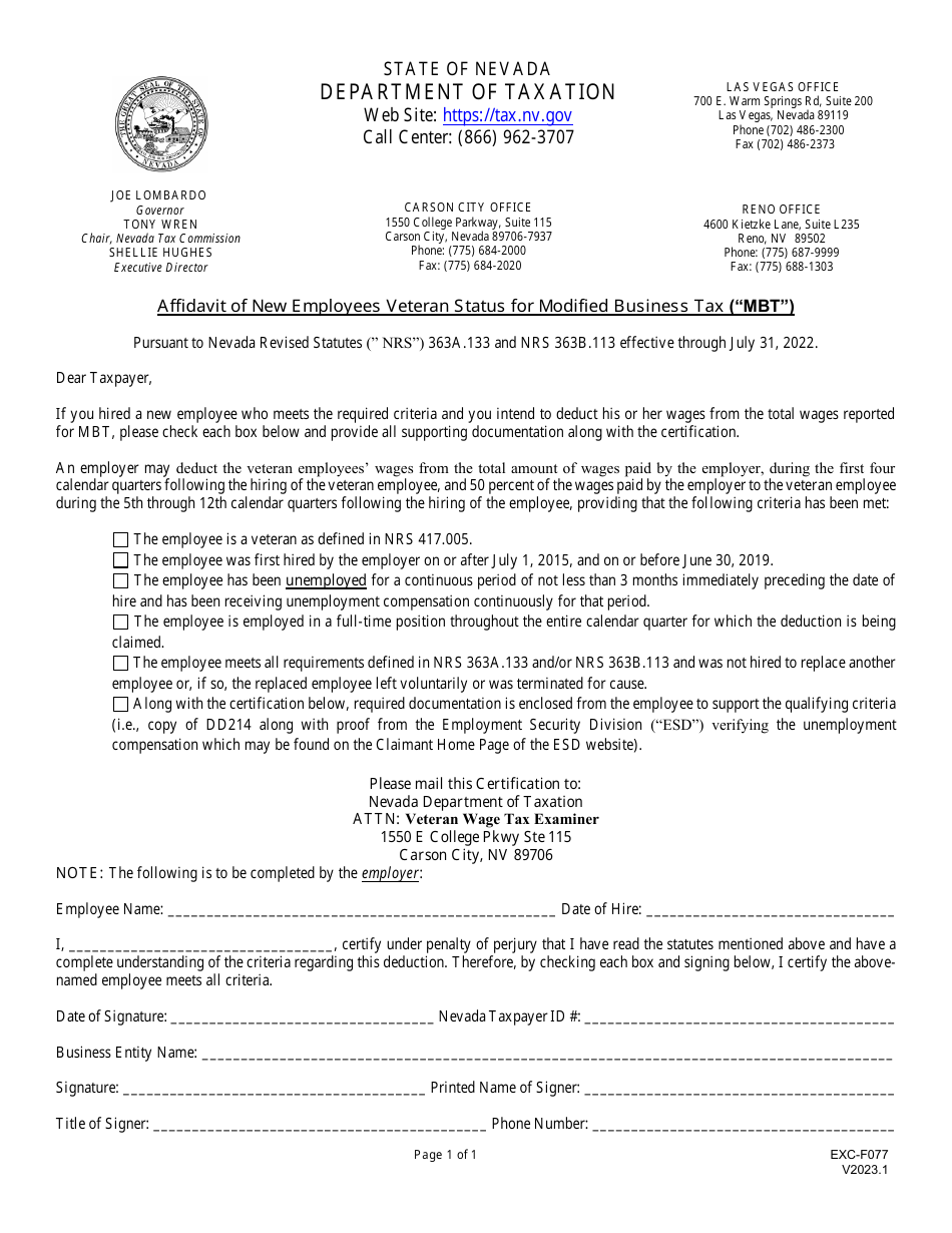 Form EXC-F077 Affidavit of New Employees Veteran Status for Modified Business Tax (Mbt) - Nevada, Page 1