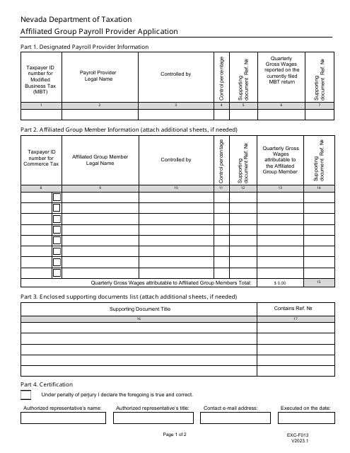 Form EXC-F013  Printable Pdf