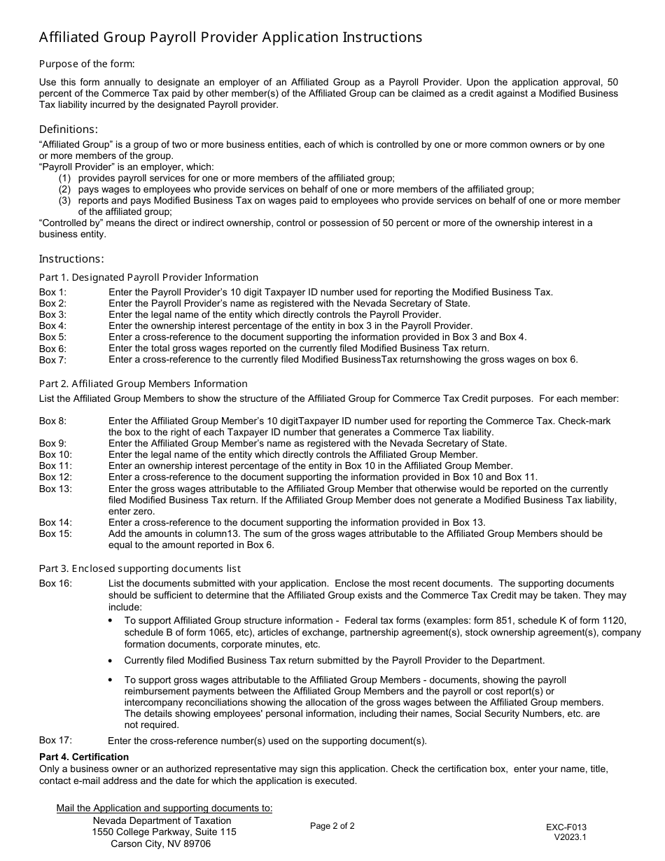 Form EXC-F013 Affiliated Group Payroll Provider Application - Nevada, Page 2
