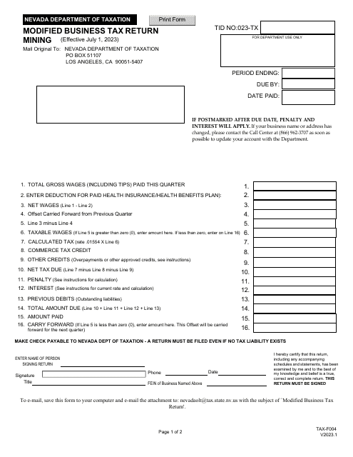 Form TAX-F004 Modified Business Tax Return - Mining - Nevada