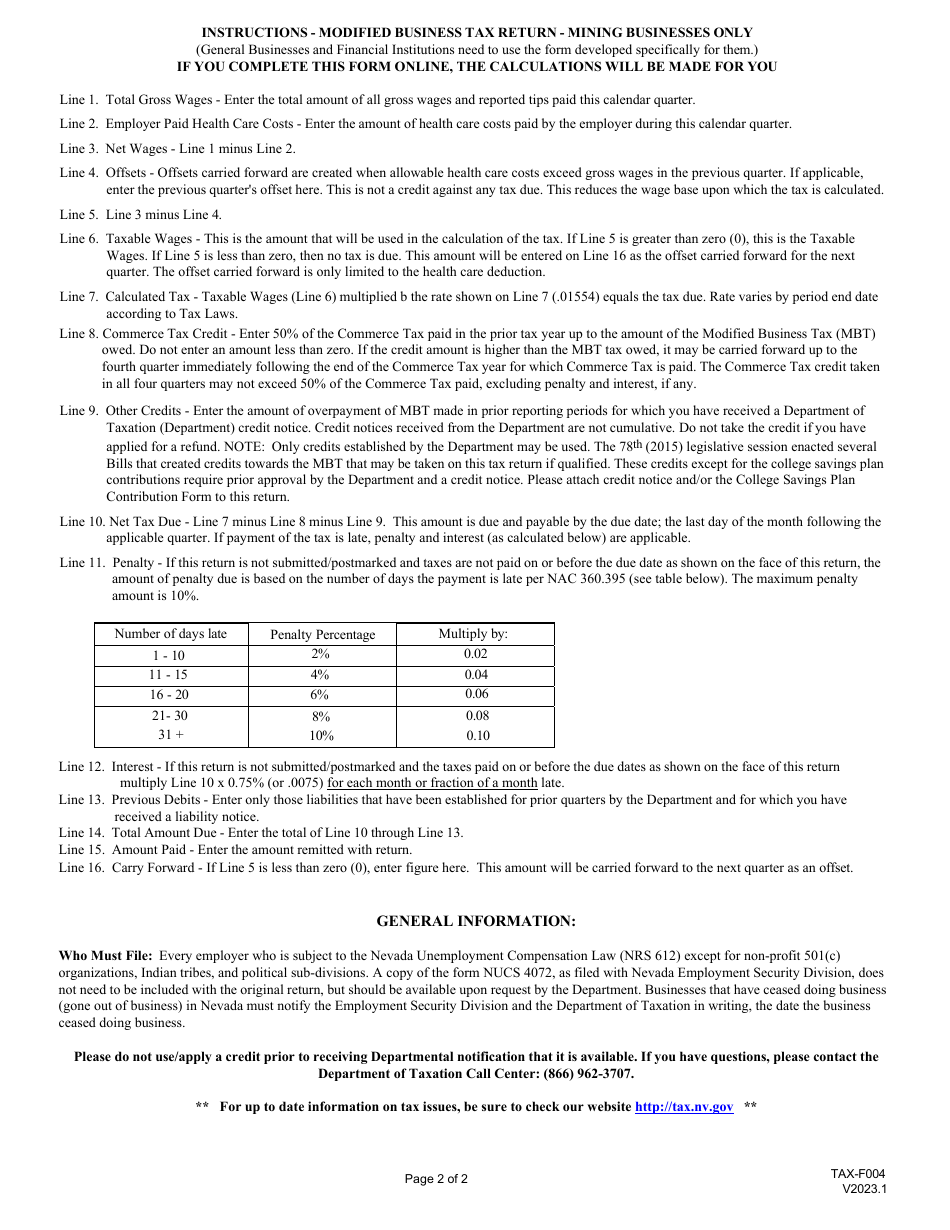 Form TAX-F004 Modified Business Tax Return - Mining - Nevada, Page 2