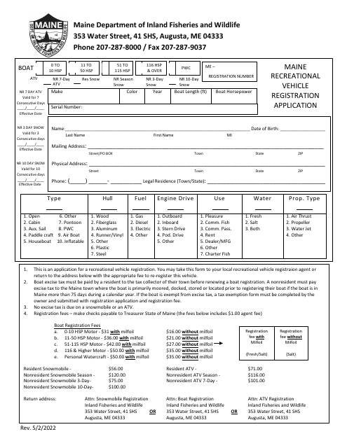 Maine Recreational Vehicle Registration Application - Maine