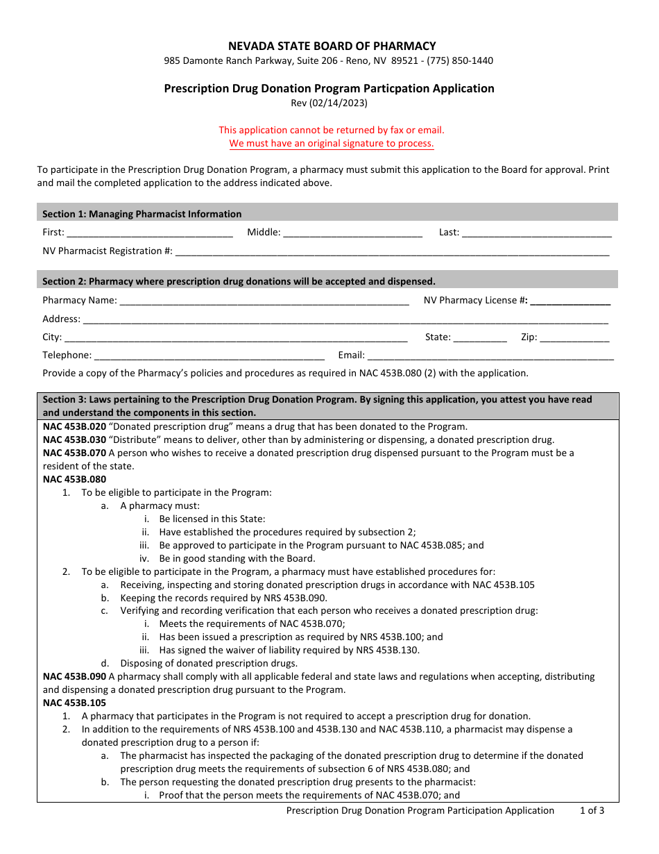 Prescription Drug Donation Program Particpation Application - Nevada, Page 1